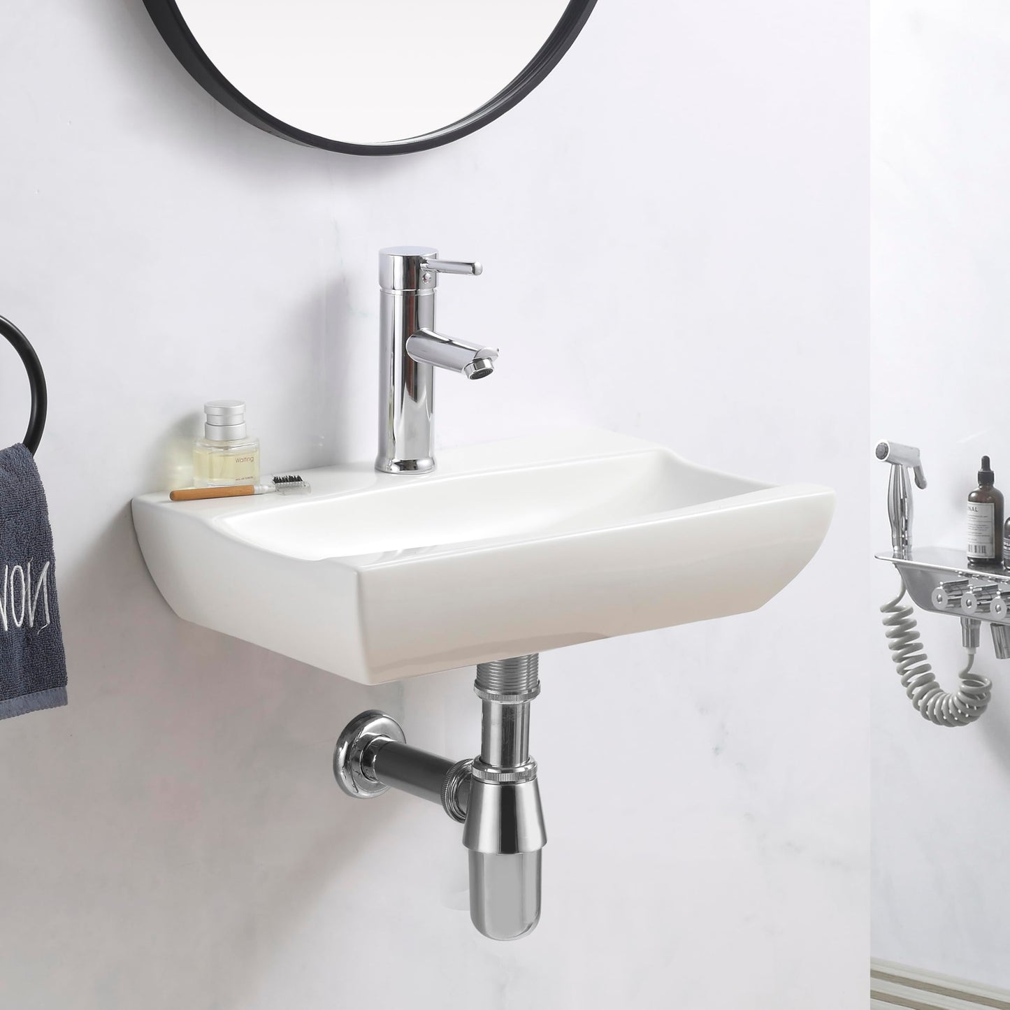 BELOFAY Rectangle Curved Modern White Bathroom Wall-Mounted Sink