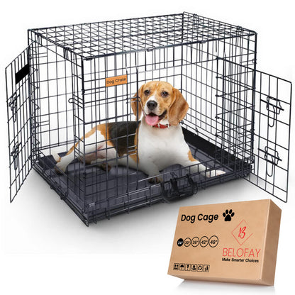 BELOFAY Dog Crate | Dog Cage Heavy Duty | Collapsible Metal Frame with Dual Access Doors, Chew-Resistant Removable Base Tray, Sliding Lock & Carry Handle – Ideal for Puppy Training & Travel