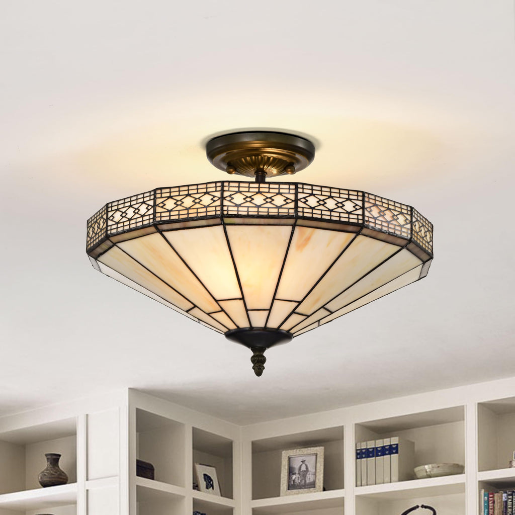 BELOFAY Mission Style Tiffany Ceiling Light Stained Glass Art Deco Handmade Uplighter Shade Ceiling Lights for Living Room, Bedroom, Dining Room and Kitchen