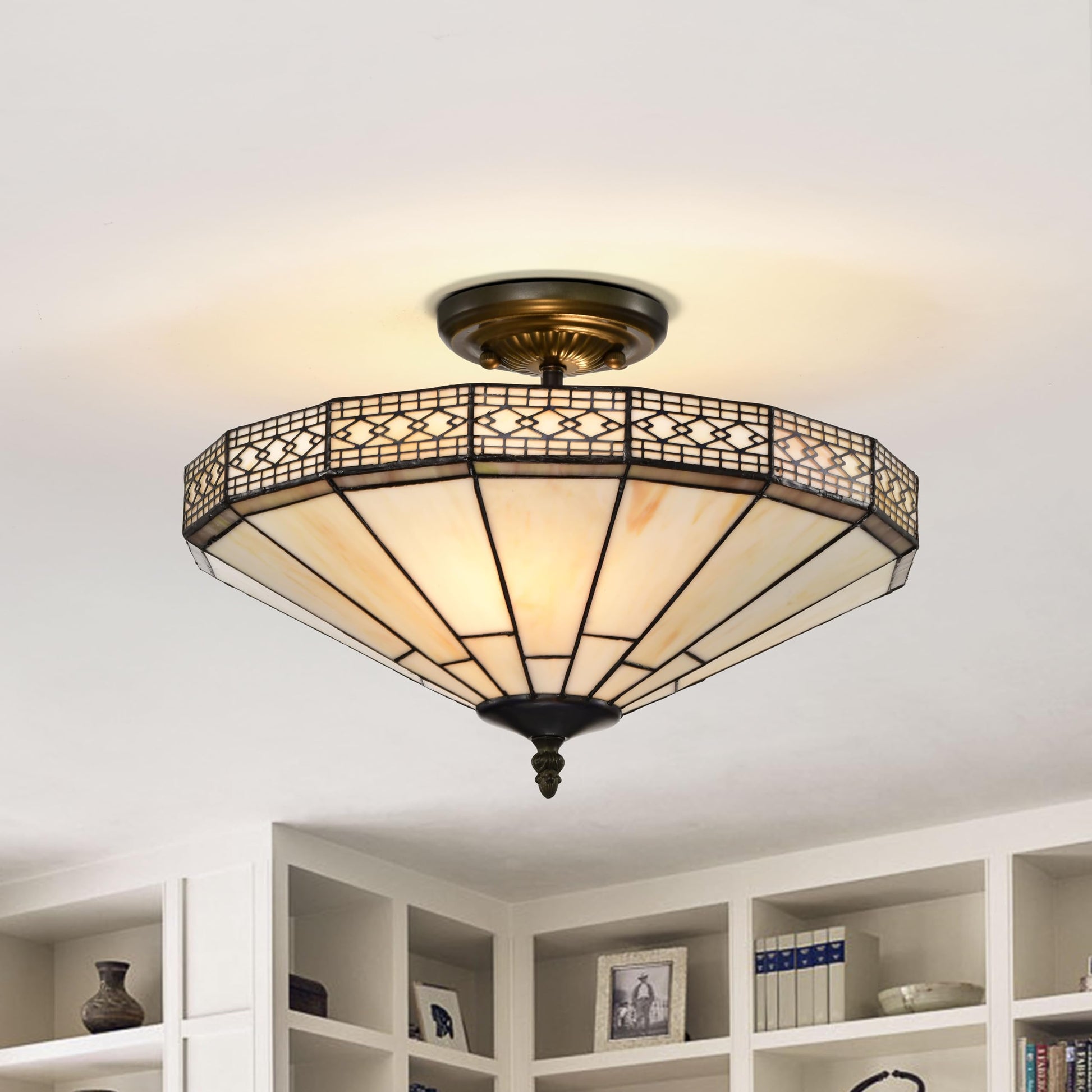 BELOFAY Mission Style Tiffany Ceiling Light Stained Glass Art Deco Handmade Uplighter Shade Ceiling Lights for Living Room, Bedroom, Dining Room and Kitchen
