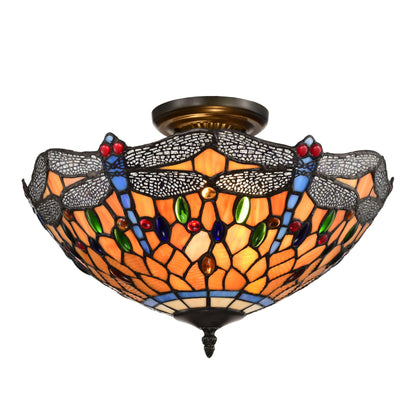 BELOFAY Dragonfly Tiffany Ceiling Light Stained Glass Art Deco Handmade Uplighter Shade Ceiling Lights for Living Room, Bedroom, Dining Room and Kitchen