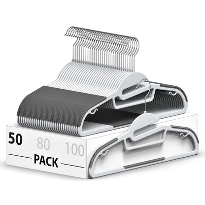 Belofay Non-Slip Heavy Duty White Plastic Coat Hangers, Adult Size, Easy Slide Design, Flexible, Durable, Non-Slip Rubber Pads