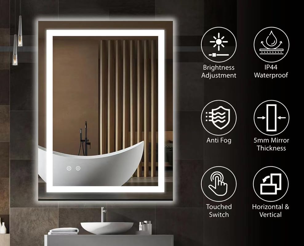 BELOFAY Clara Rectangle Bathroom LED Mirror with Dimmable Lights, Anti-fog, Shatter-Proof Tempered Glass