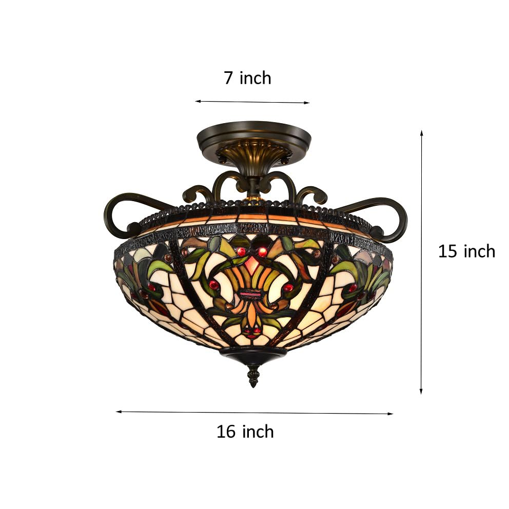 BELOFAY Art Deco Tiffany Ceiling Light Stained Glass Art Deco Handmade Uplighter Shade Ceiling Lights for Living Room, Bedroom, Dining Room and Kitchen