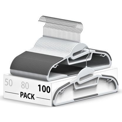 Belofay Non-Slip Heavy Duty White Plastic Coat Hangers, Adult Size, Easy Slide Design, Flexible, Durable, Non-Slip Rubber Pads