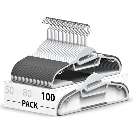 Belofay Non-Slip Heavy Duty White Plastic Coat Hangers, Adult Size, Easy Slide Design, Flexible, Durable, Non-Slip Rubber Pads