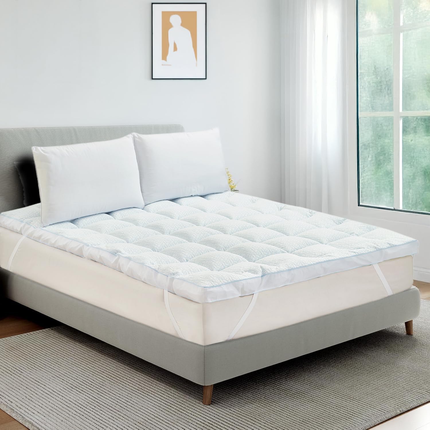 Ultra-Cool Mattress Topper | 10cm Extra Thick Mattress Topper with Cooling Jacquard Fabric and 100% Polyester Filling | Hypoallergenic, Machine Washable