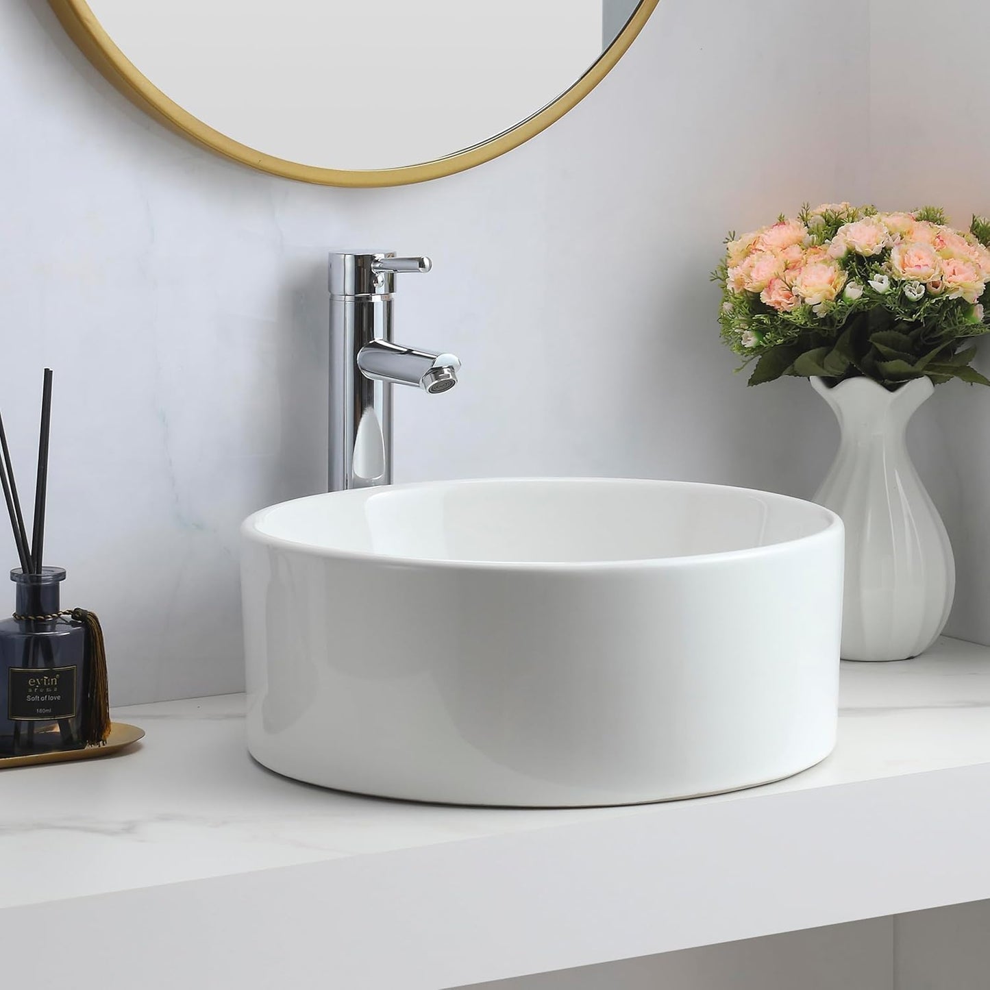BELOFAY Avara Round Modern White Bathroom Counter Top Sink