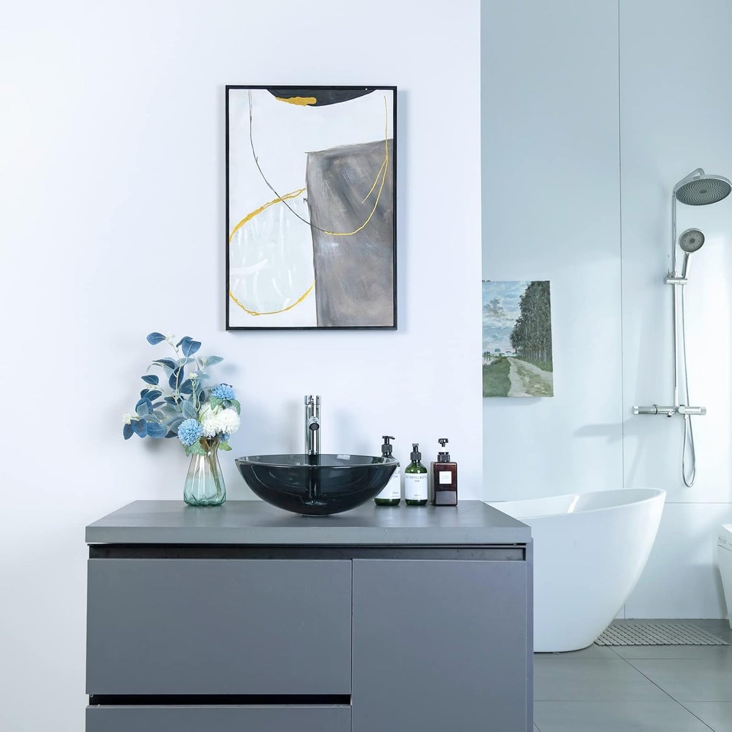 BELOFAY Round Modern Black Glass Bowl Bathroom Counter Top Sink