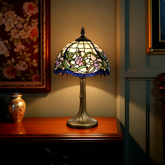 BELOFAY Elegant Floral Tiffany Stained Glass Bedside Lamp – Handmade Vintage, 8" Shade Diameter x 13" Stand Height