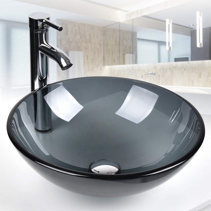 BELOFAY Round Modern Black Glass Bowl Bathroom Counter Top Sink