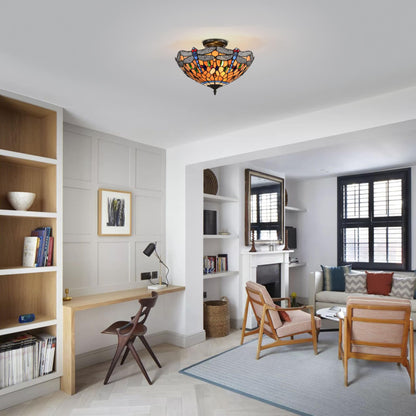 BELOFAY Dragonfly Tiffany Ceiling Light Stained Glass Art Deco Handmade Uplighter Shade Ceiling Lights for Living Room, Bedroom, Dining Room and Kitchen