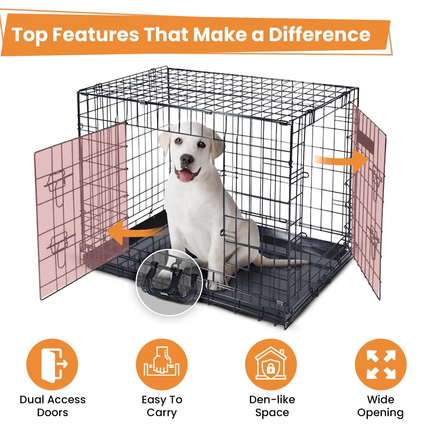 BELOFAY Dog Crate | Dog Cage Heavy Duty | Collapsible Metal Frame with Dual Access Doors, Chew-Resistant Removable Base Tray, Sliding Lock & Carry Handle – Ideal for Puppy Training & Travel