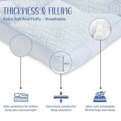 Ultra-Cool Mattress Topper | 10cm Extra Thick Mattress Topper with Cooling Jacquard Fabric and 100% Polyester Filling | Hypoallergenic, Machine Washable