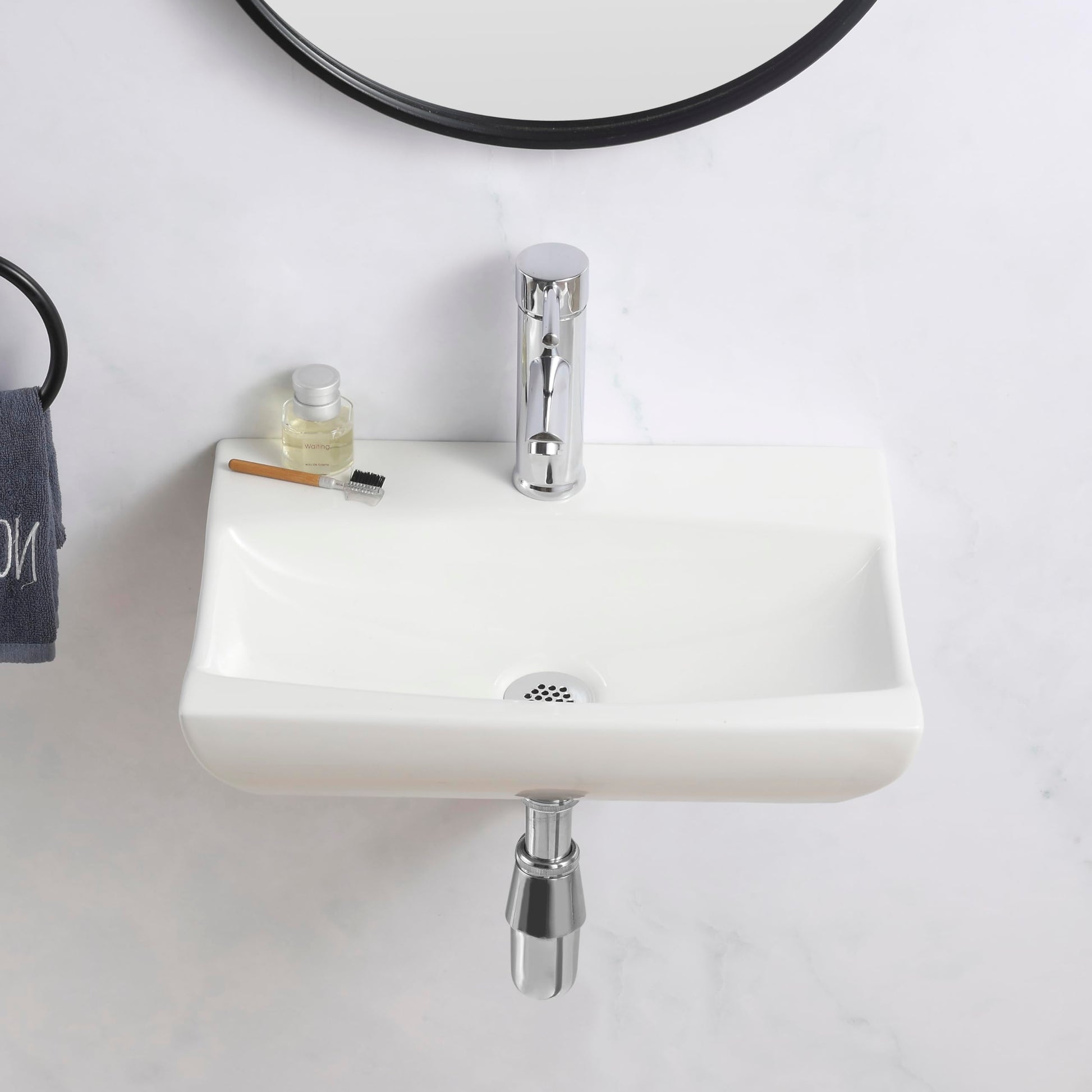 BELOFAY Rectangle Curved Modern White Bathroom Wall-Mounted Sink