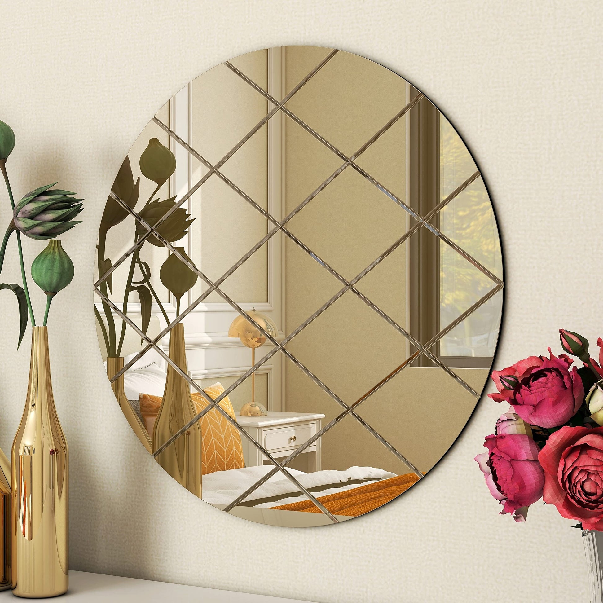 BELOFAY Art Deco 50cm Bronze Round Wall Mirror – Modern Wall-Mounted Glass Design for Bedroom, Hallway & Lounge