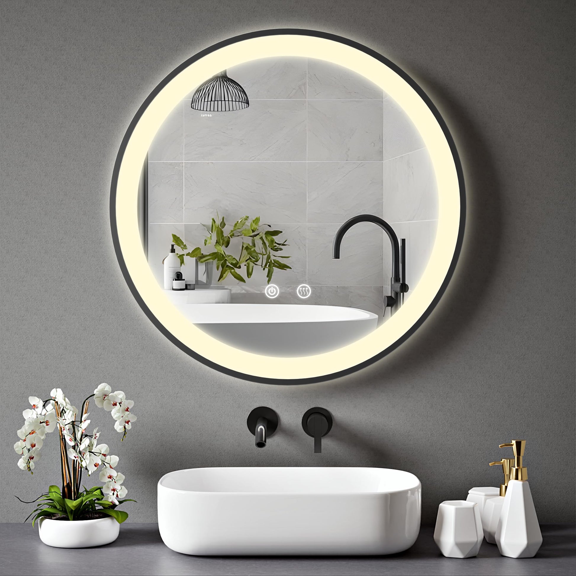 BELOFAY Stella 500mm Black Framed Round LED Bathroom Mirror – Illuminated Dimmable Anti-Fog Shatter-Proof Wall Mirror with Demister Pad