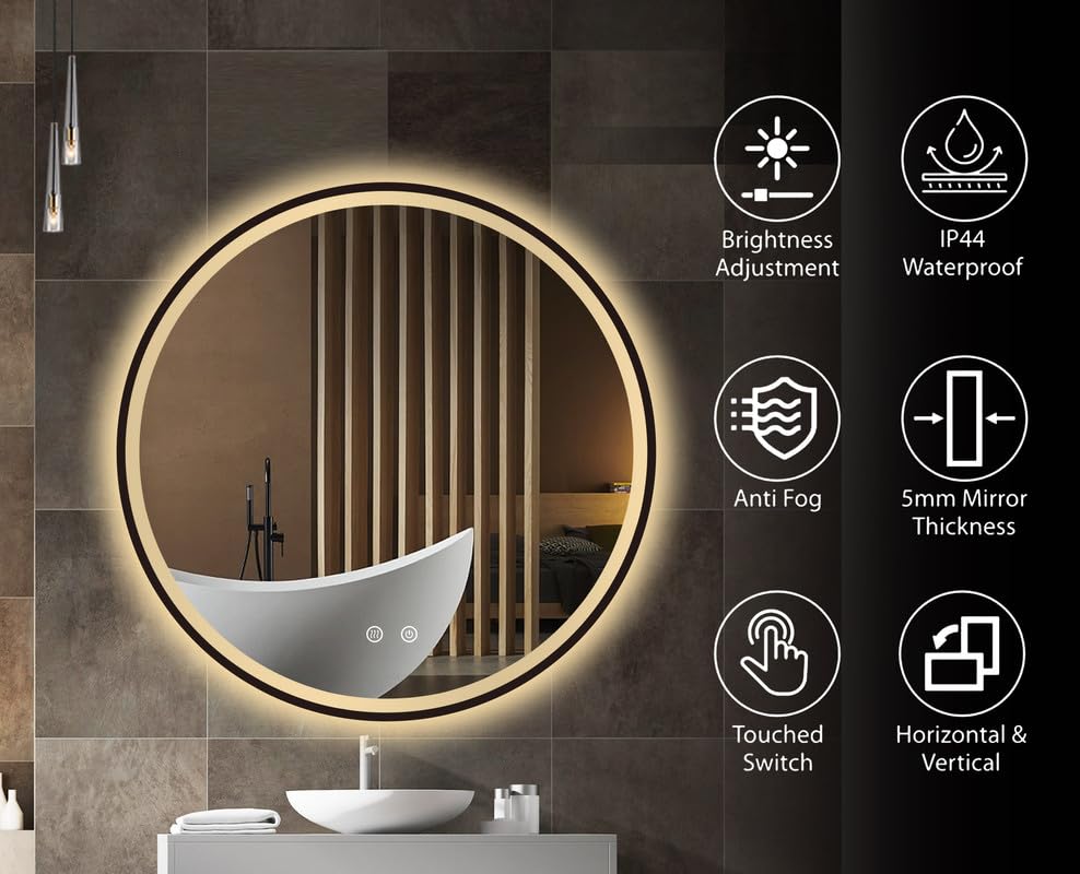 BELOFAY Stella 500mm Black Framed Round LED Bathroom Mirror – Illuminated Dimmable Anti-Fog Shatter-Proof Wall Mirror with Demister Pad