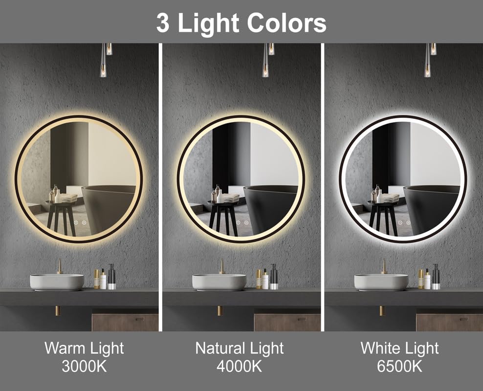 BELOFAY Stella 500mm Black Framed Round LED Bathroom Mirror – Illuminated Dimmable Anti-Fog Shatter-Proof Wall Mirror with Demister Pad