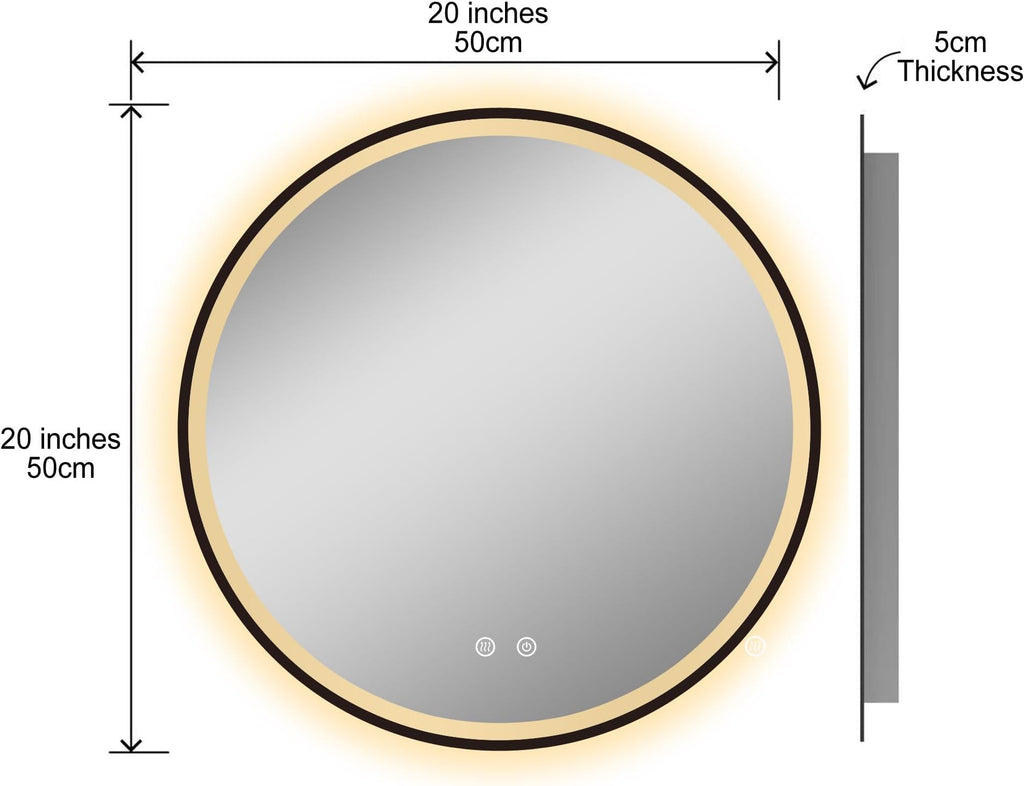 BELOFAY Stella 500mm Black Framed Round LED Bathroom Mirror – Illuminated Dimmable Anti-Fog Shatter-Proof Wall Mirror with Demister Pad