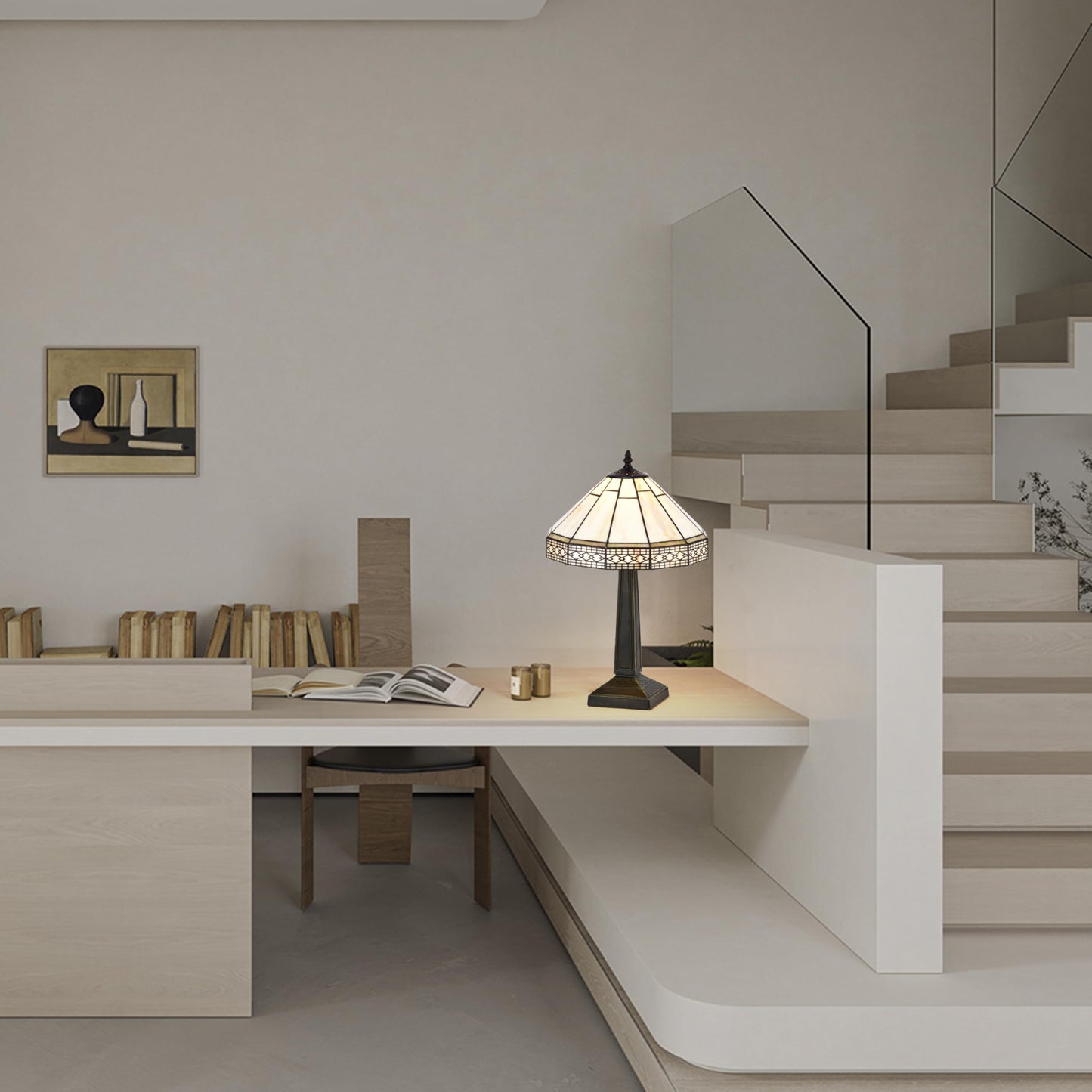 BELOFAY Tiffany Stained Glass Handmade Vintage Bedside Table Lamp – 12" Wide x 18" High