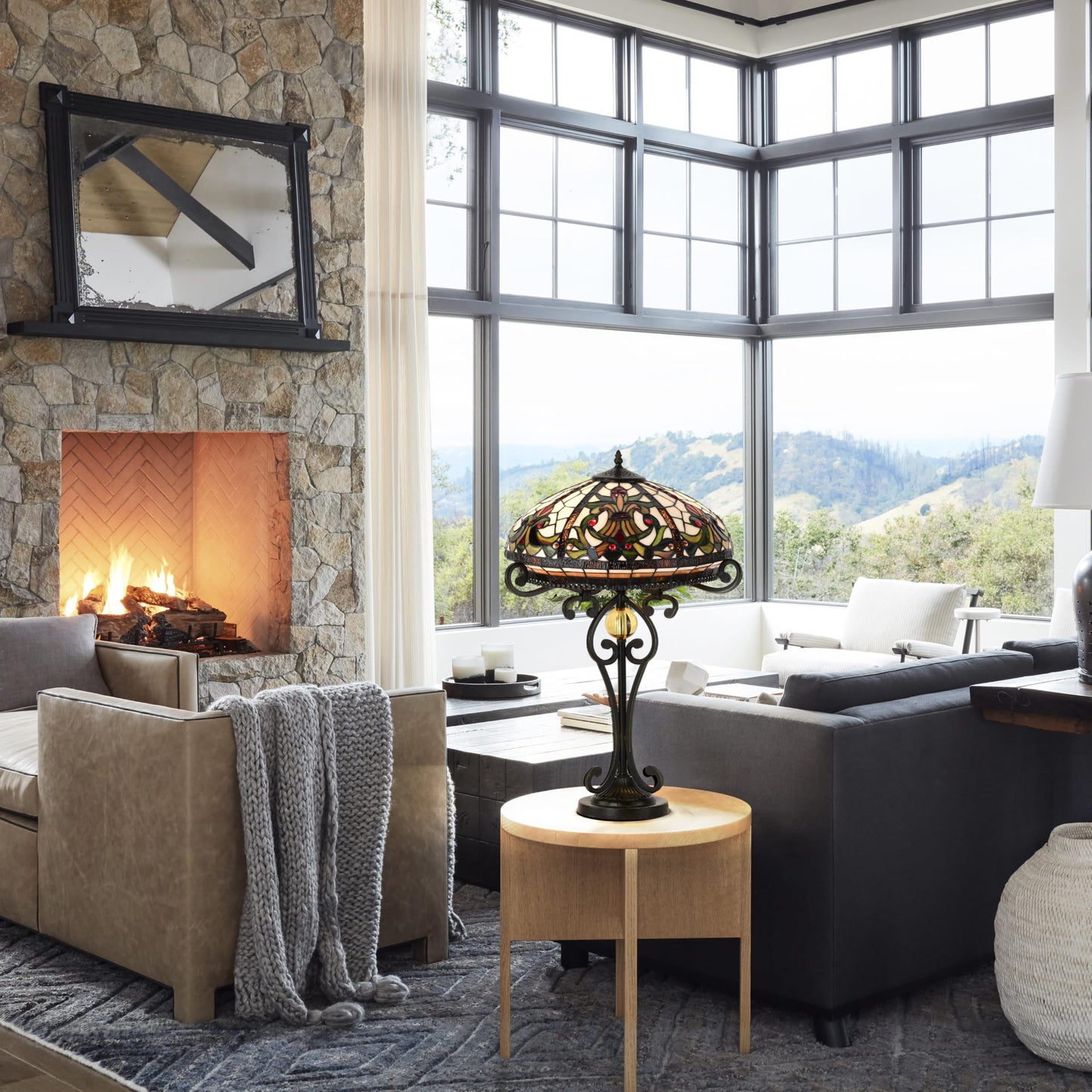 Belofay Tiffany Stained Glass Bedside Table Lamp – Vintage Handmade, 16" Wide x 30" High