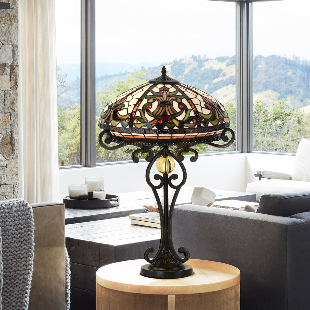 Belofay Tiffany Stained Glass Bedside Table Lamp – Vintage Handmade, 16" Wide x 30" High