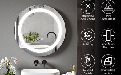 BELOFAY Lucy Round Bathroom LED Mirror with Dimmable Lights, Anti-fog, Shatter-Proof Tempered Glass