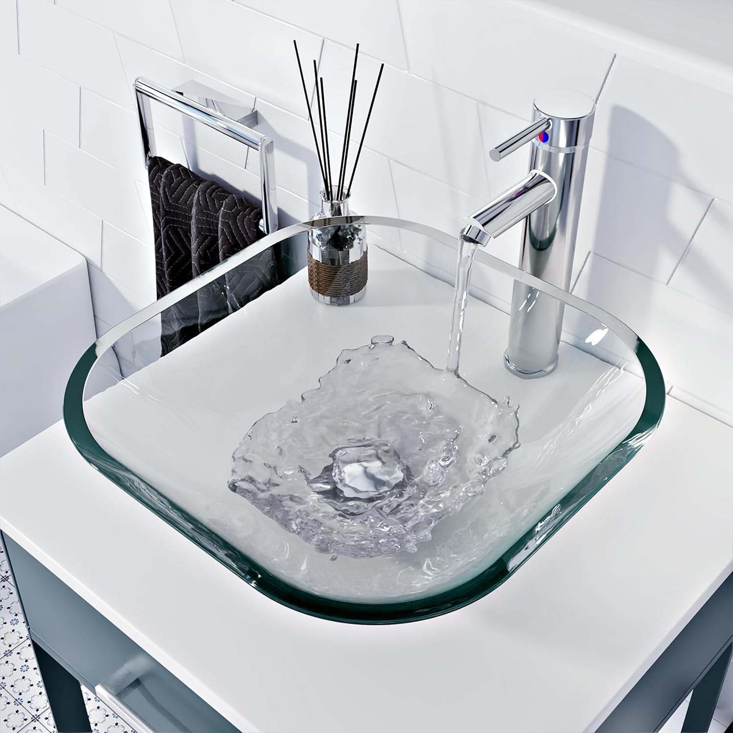 BELOFAY Square Modern Clear Glass Bowl Bathroom Counter Top Sink