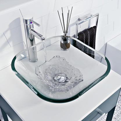 BELOFAY Square Modern Clear Glass Bowl Bathroom Counter Top Sink