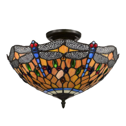 BELOFAY Dragonfly Tiffany Ceiling Light Stained Glass Art Deco Handmade Uplighter Shade Ceiling Lights for Living Room, Bedroom, Dining Room and Kitchen