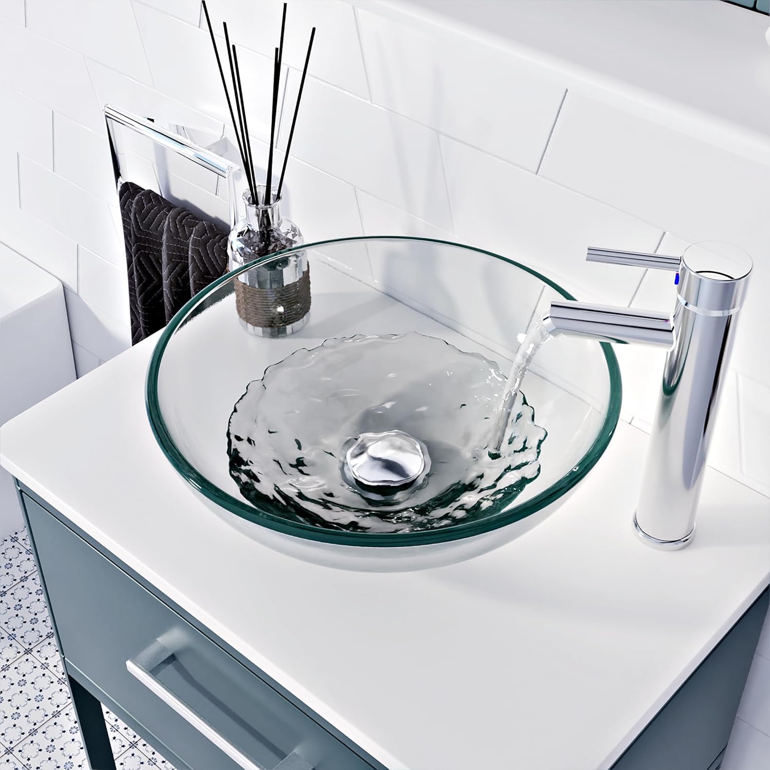 BELOFAY Round Modern Clear Glass Bowl Bathroom Counter Top Sink