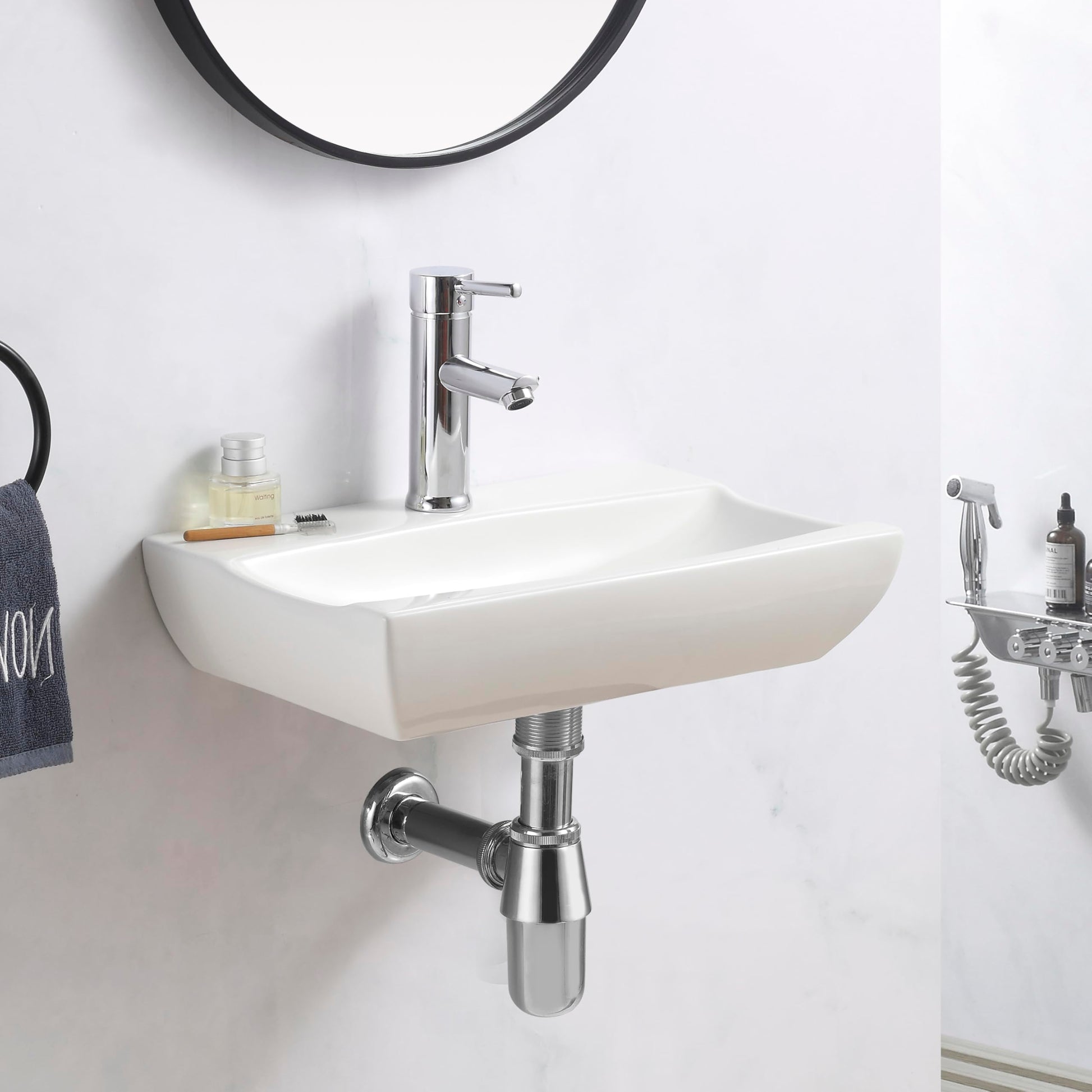 BELOFAY Rectangle Curved Modern White Bathroom Wall-Mounted Sink