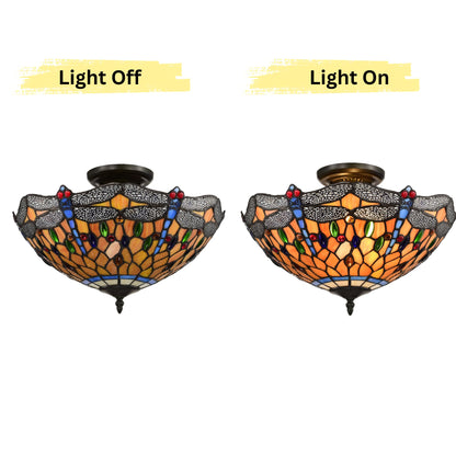BELOFAY Dragonfly Tiffany Ceiling Light Stained Glass Art Deco Handmade Uplighter Shade Ceiling Lights for Living Room, Bedroom, Dining Room and Kitchen