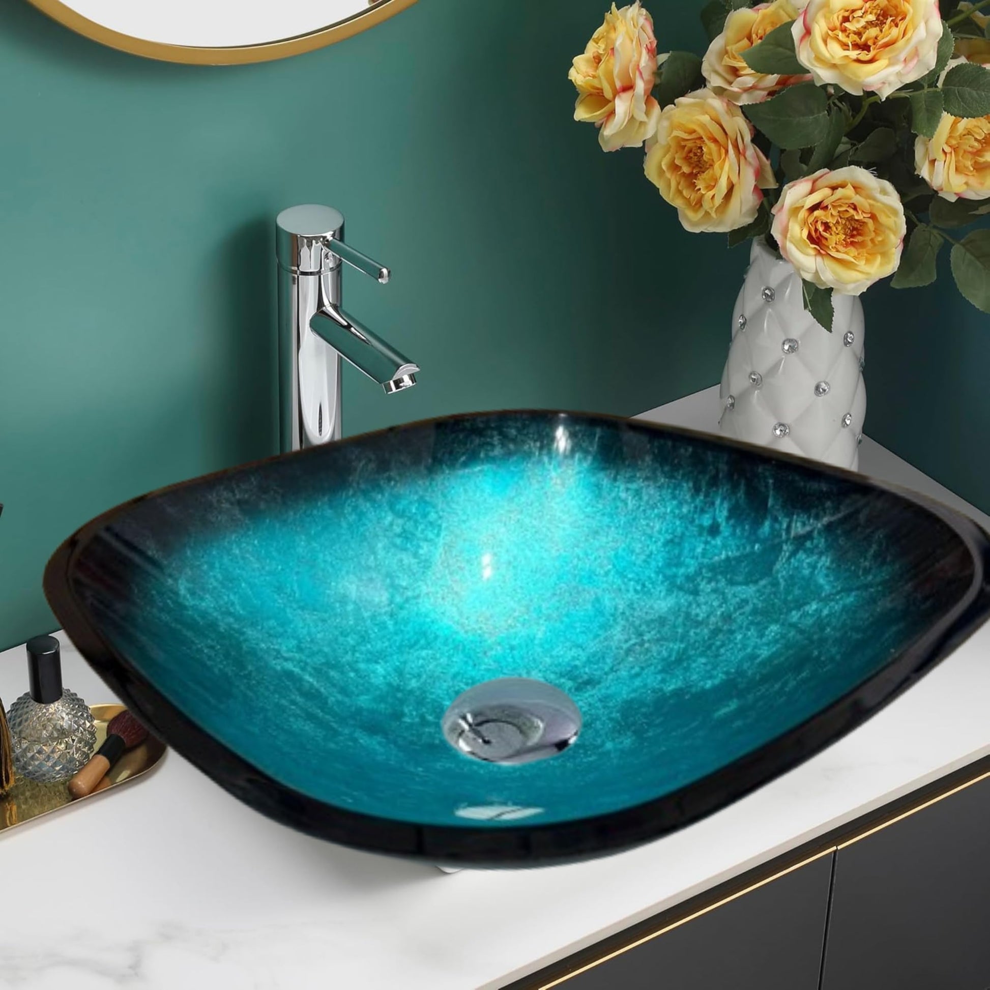 BELOFAY Oval Modern Marble Effect Glass Bowl Bathroom Counter Top Sink