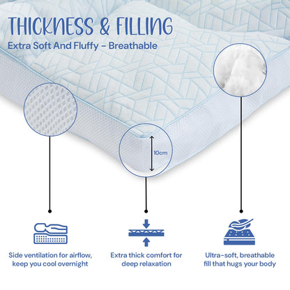 Ultra-Cool Mattress Topper | 10cm Extra Thick Mattress Topper with Cooling Jacquard Fabric and 100% Polyester Filling | Hypoallergenic, Machine Washable
