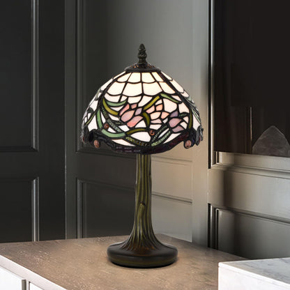 BELOFAY Elegant Floral Tiffany Stained Glass Bedside Lamp – Handmade Vintage, 8" Shade Diameter x 13" Stand Height